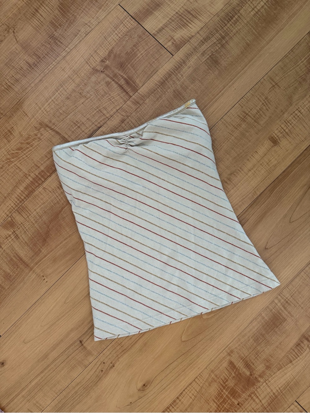 Beige Cotton Spandex Striped Metallic Gold Trim Strapless Tube Top Vintage